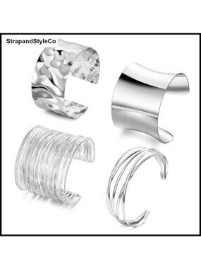 Chunky Open Cuff Bracelets Alloy Adjustable Bangle Set Stackable Women's Jewelry
